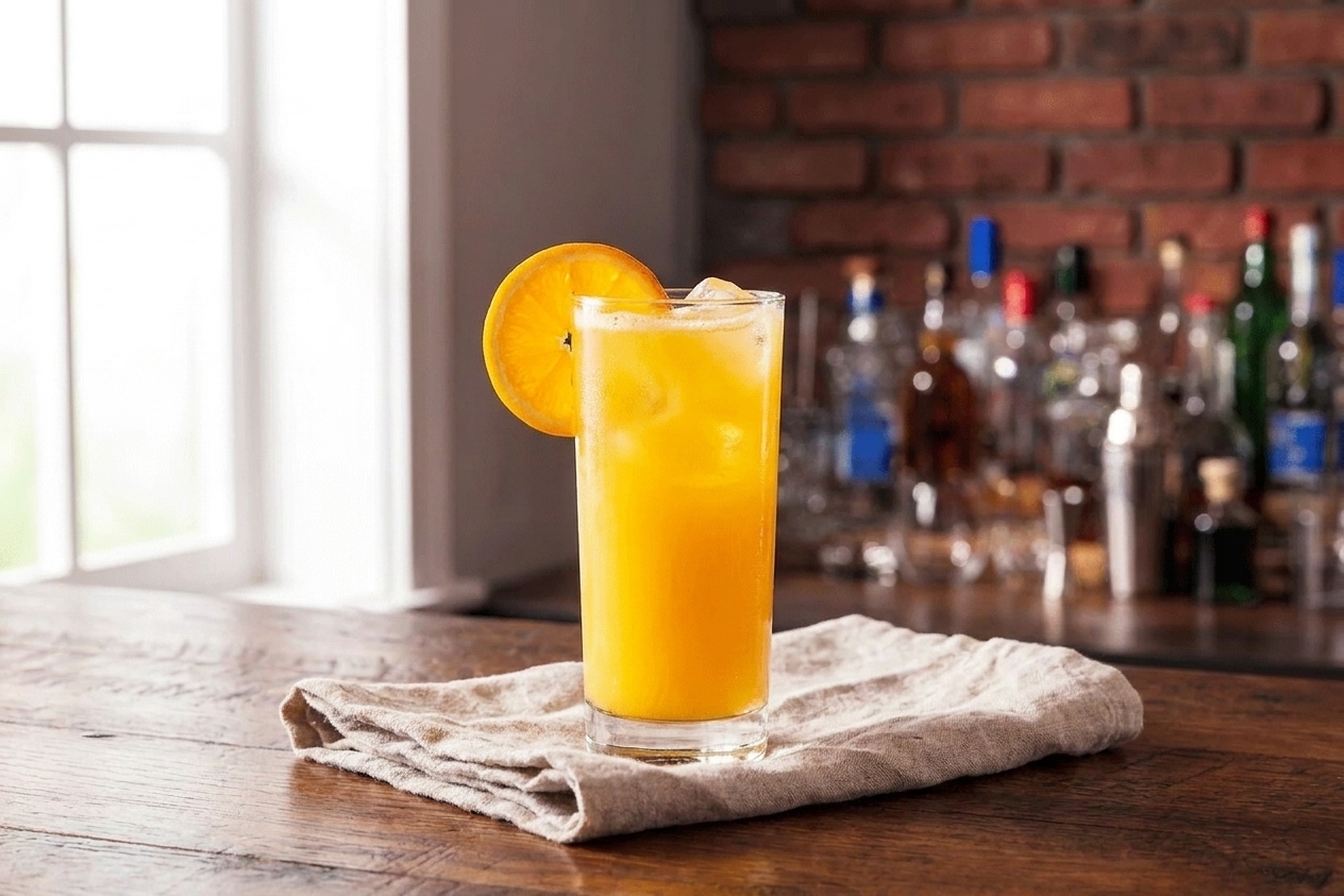 A finished Screwdriver cocktail in a clear glass with ice and an orange wheel garnish, set on a simple table setting with a neutral linen napkin