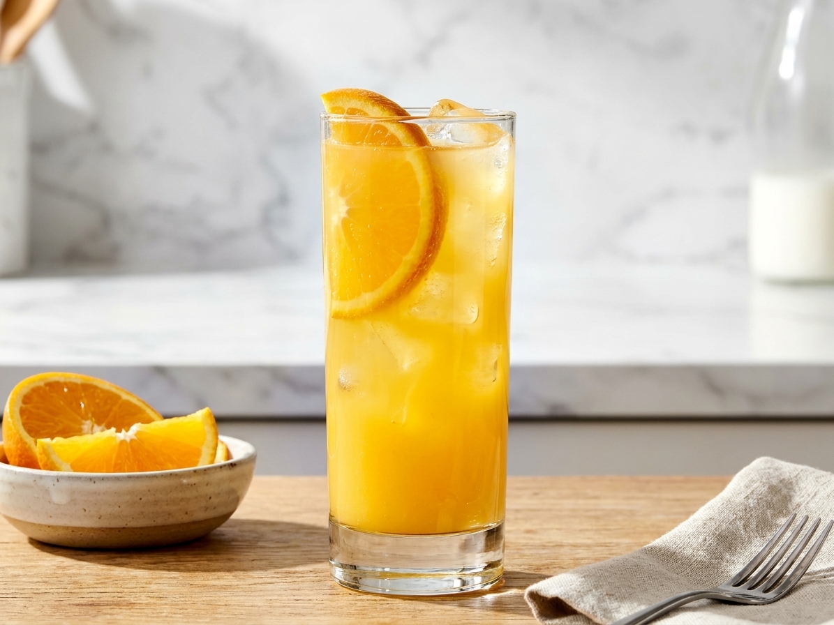 A finished Screwdriver cocktail in a tall glass with ice and an orange slice garnish on a casual breakfast table setting