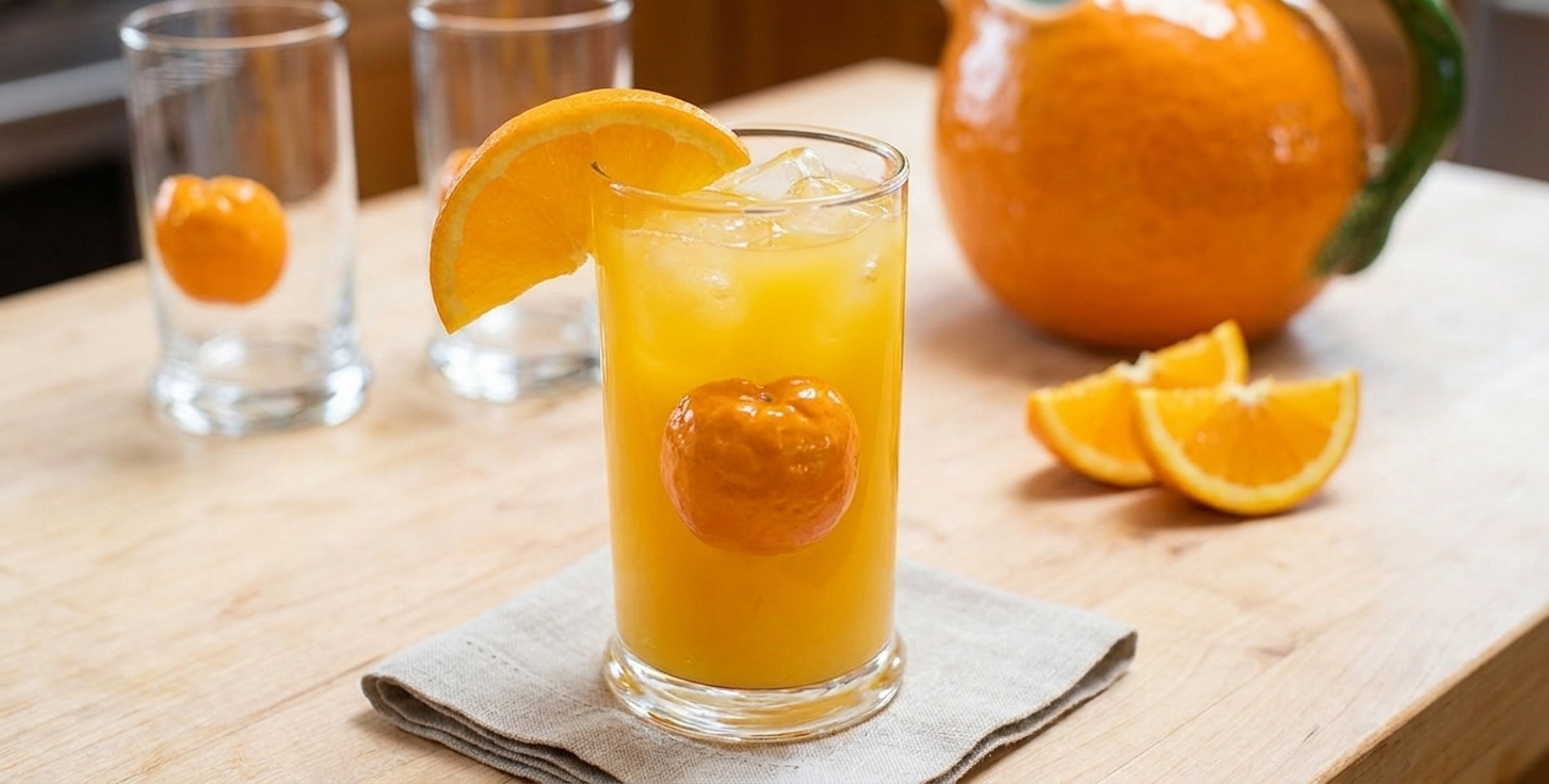 A finished Screwdriver cocktail on a small table setting with a napkin and citrus wedge, bright orange color and plenty of ice in the glass