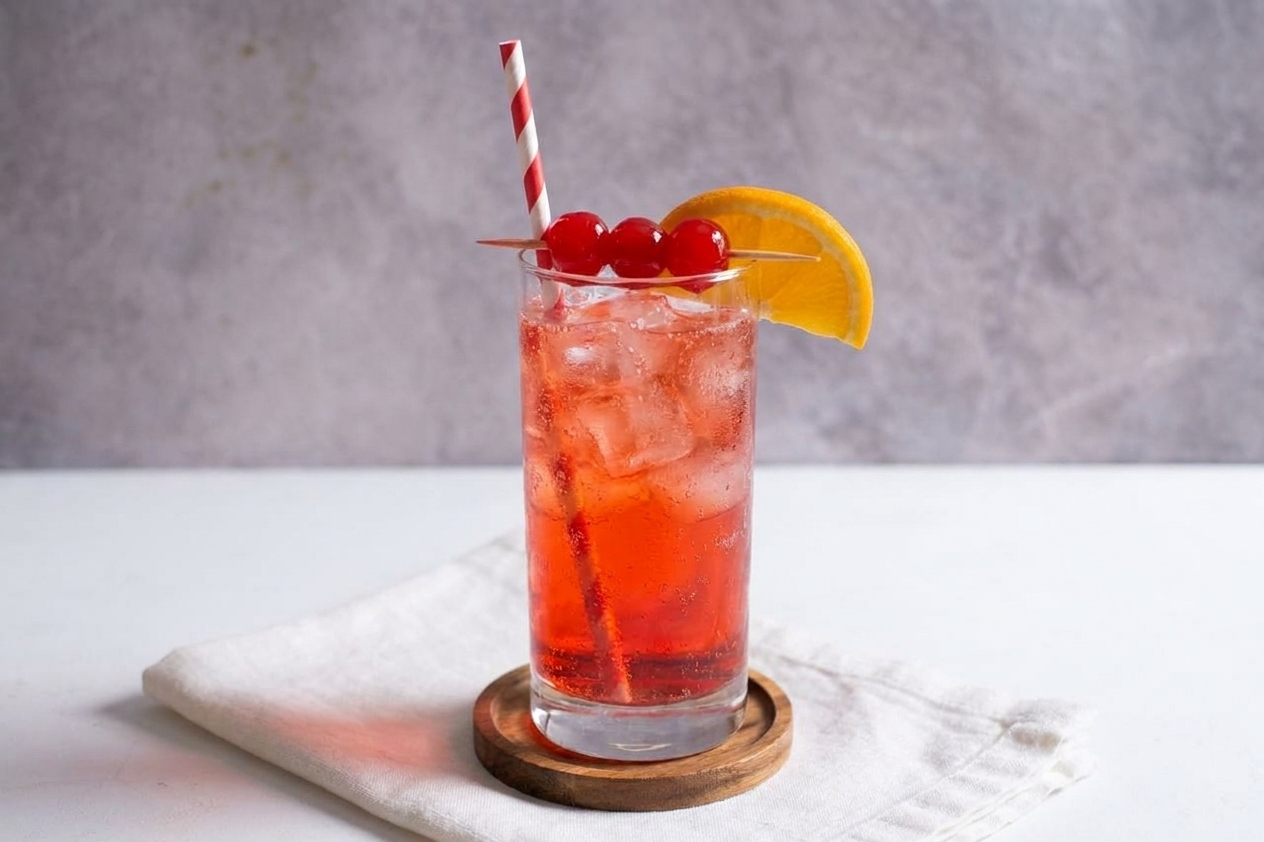 A finished Shirley Temple on a table setting with a napkin and straw, garnished with cherries and an orange slice