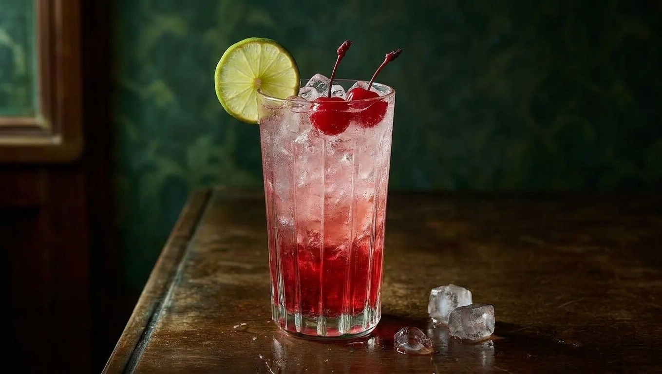 A finished Shirley Temple with a lime wheel on the rim and two maraschino cherries floating near the ice
