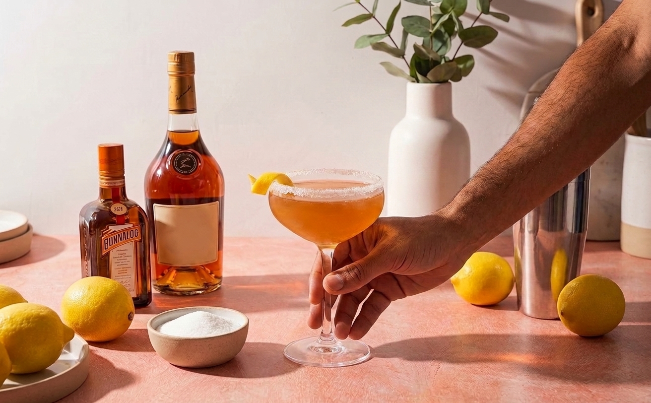 A finished Sidecar cocktail in a coupe glass with a half sugar rim and a curled lemon twist on a wooden table setting