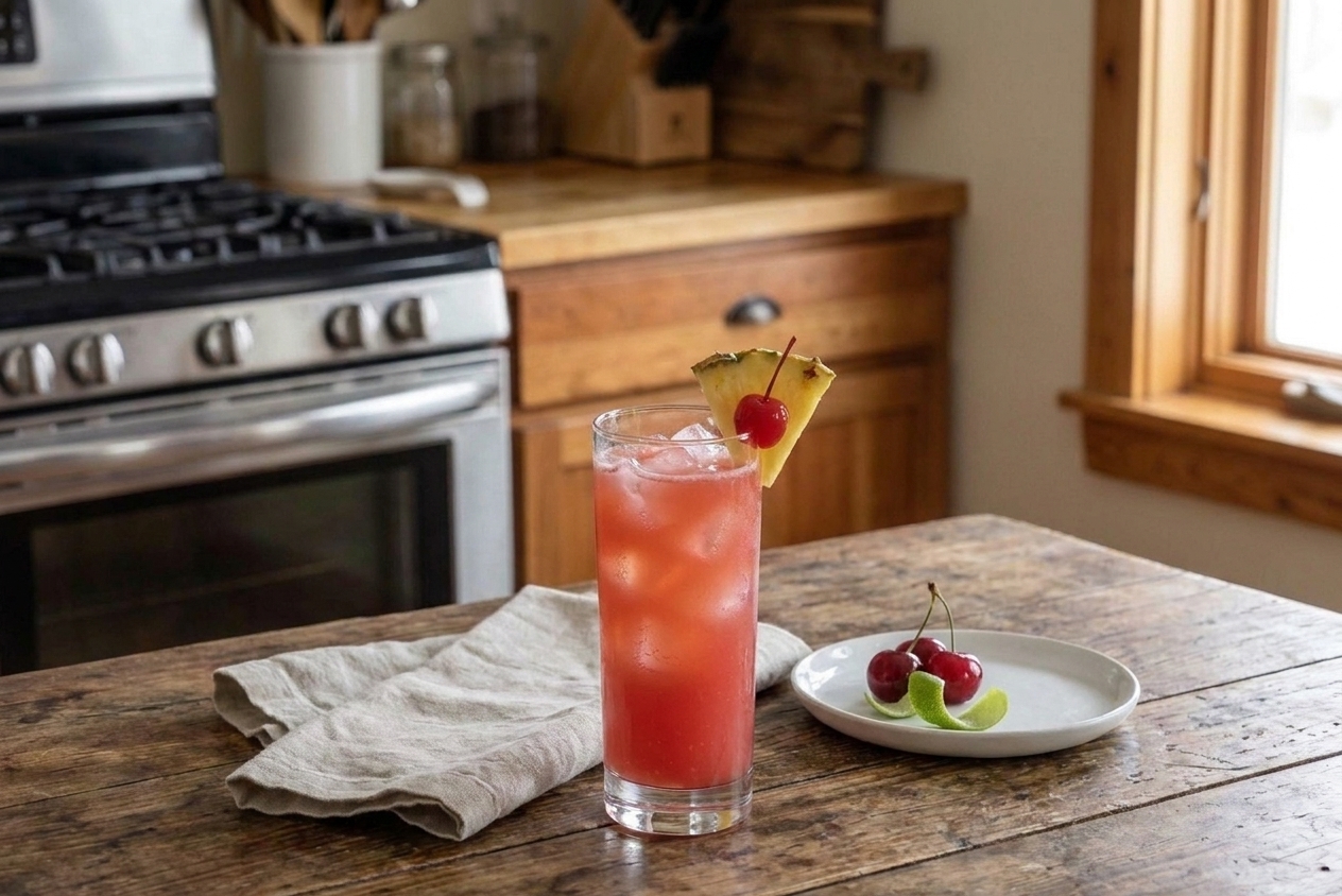 A finished Singapore Sling cocktail on a simple table setting with a napkin and small plate, warm natural lighting