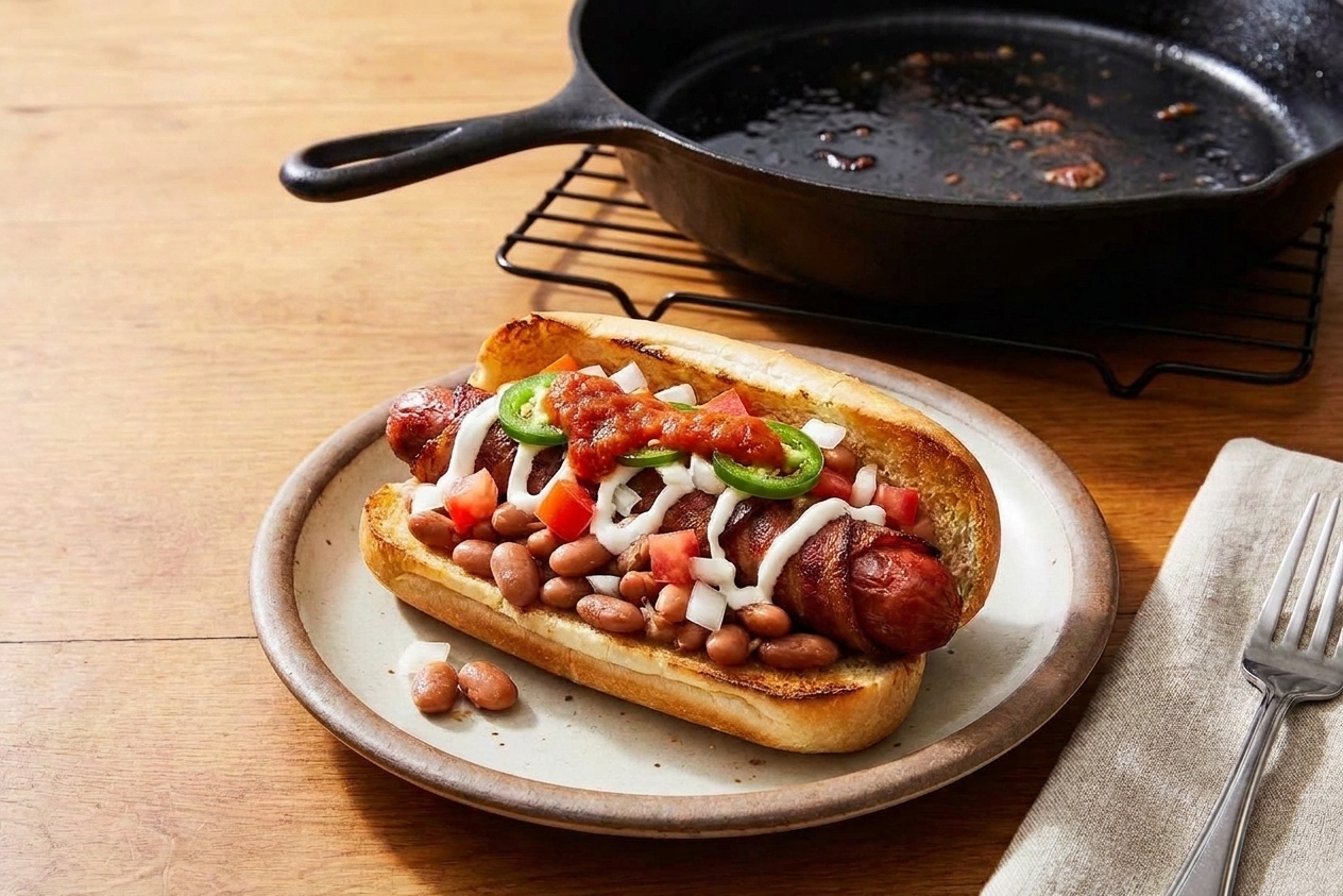A finished Sonoran hot dog on a plate with pinto beans, salsa, crema drizzle, and diced onions, set on a casual kitchen table with napkins