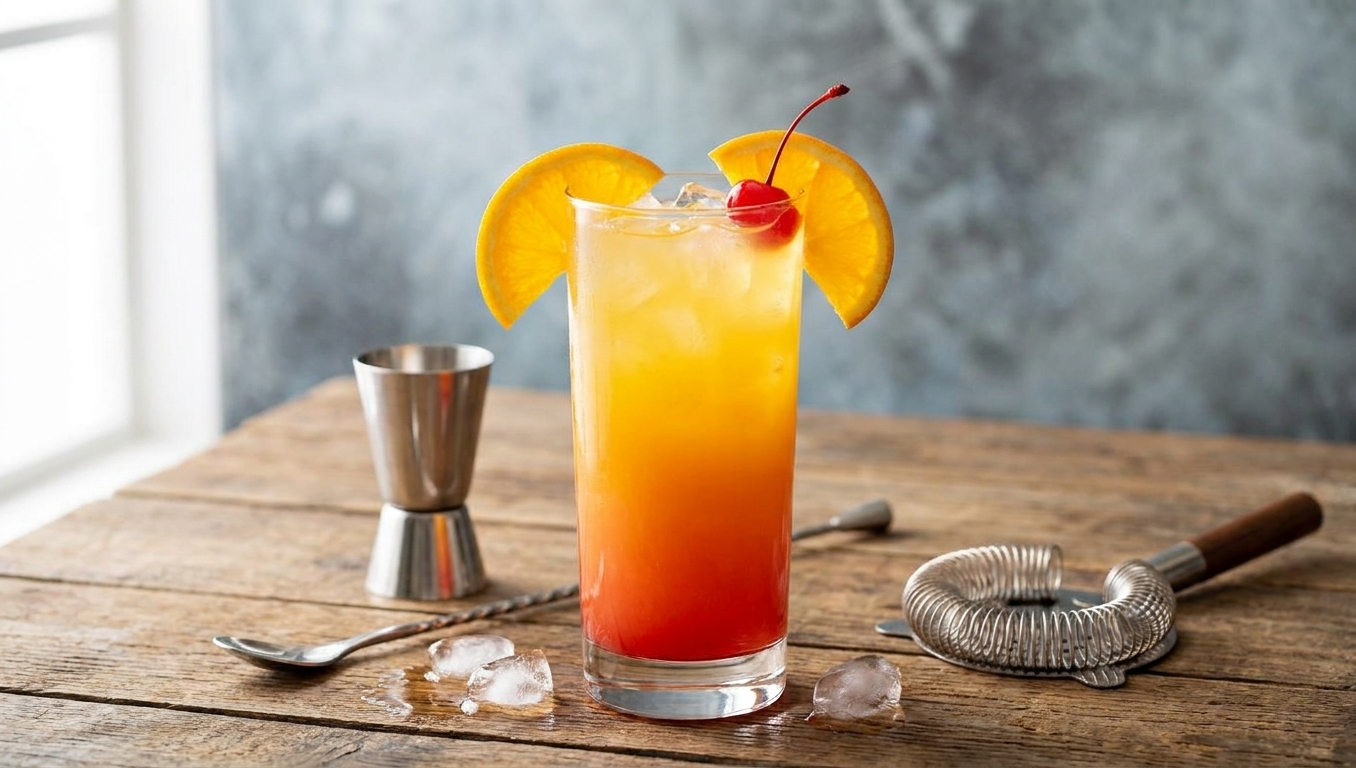 A finished Tequila Sunrise on a wooden table setting with an orange slice and cherry garnish, natural light