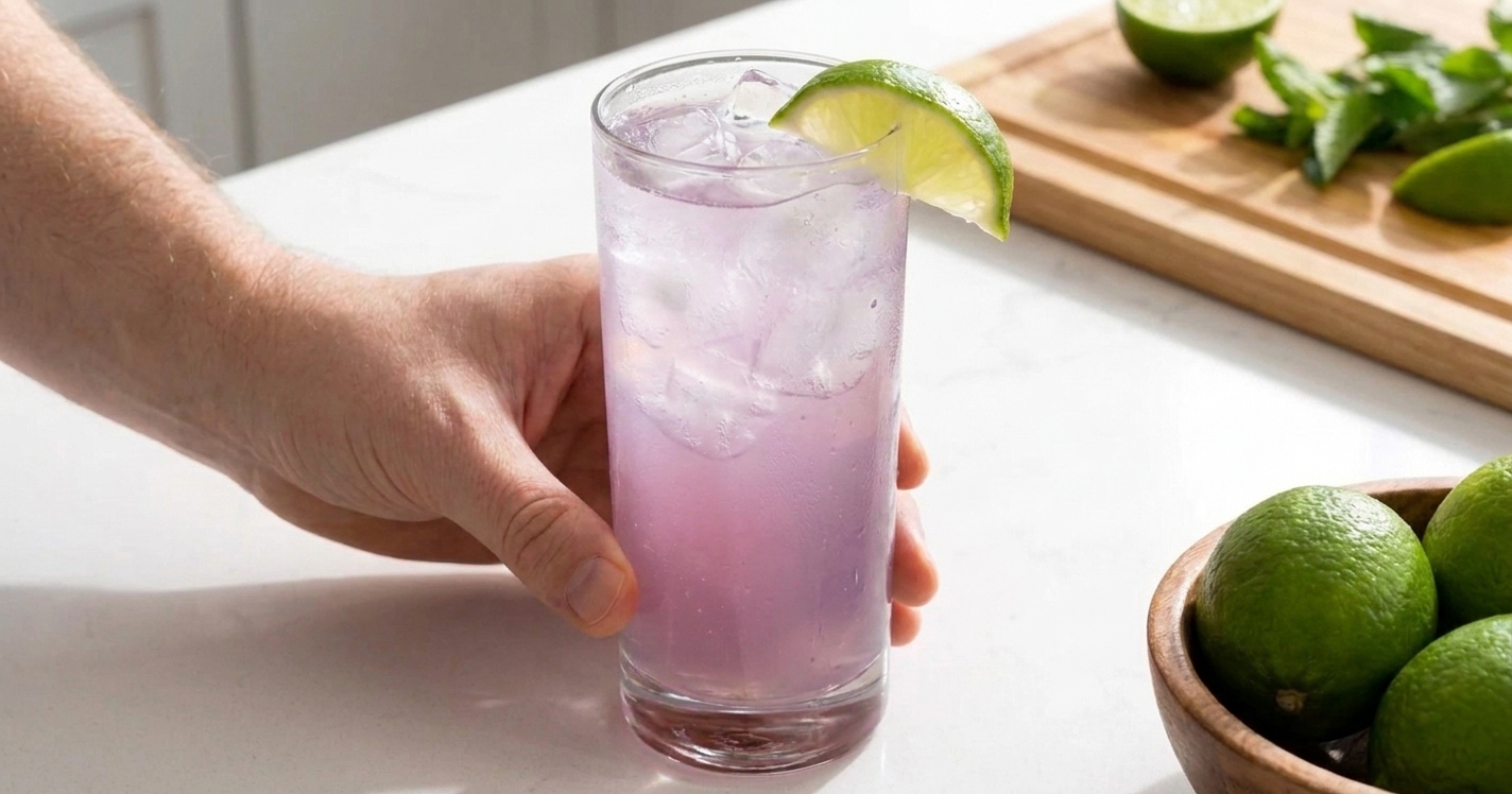 A finished Transfusion cocktail in a tall glass with ice and a lime wedge, set on a simple table setting with a small bowl of limes nearby