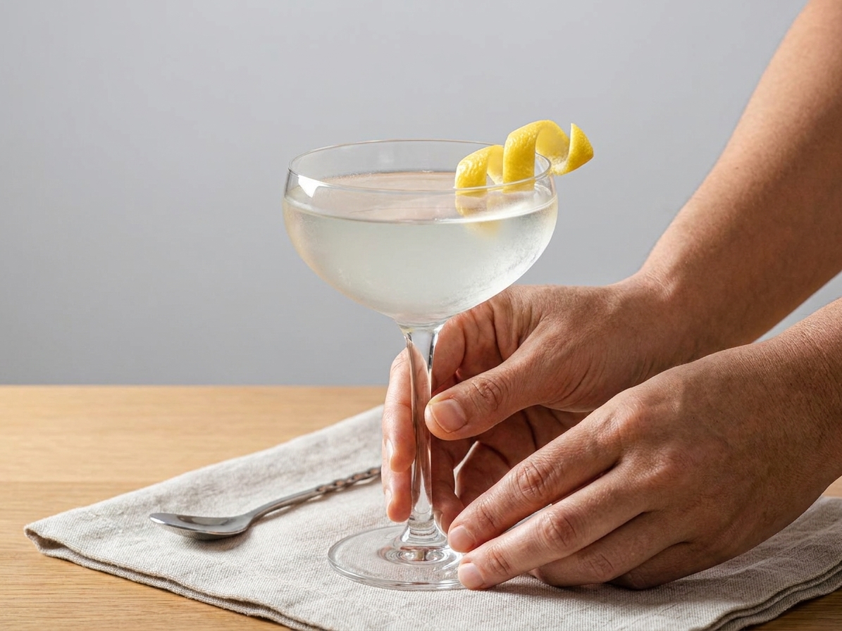 A finished Vesper cocktail in a coupe glass with a lemon twist on top, set on a simple table setting