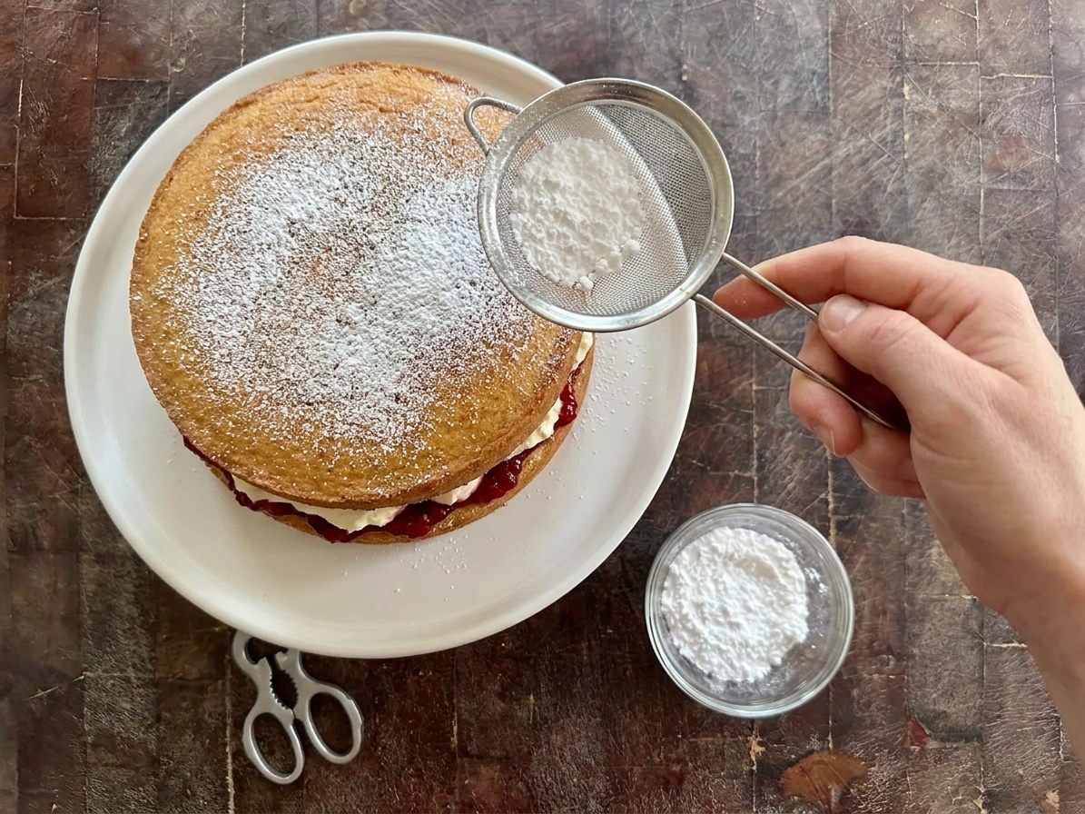 A finished Victoria sponge cake being dusted with powdered sugar on a simple cake stand in natural light