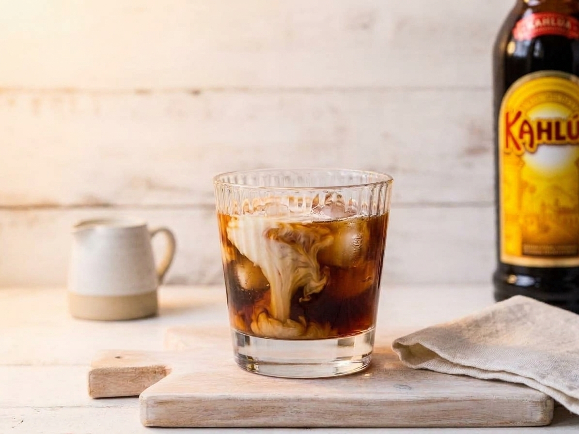 A finished White Russian cocktail with a creamy swirl pattern in a rocks glass on a simple table setting with a small napkin and warm lighting