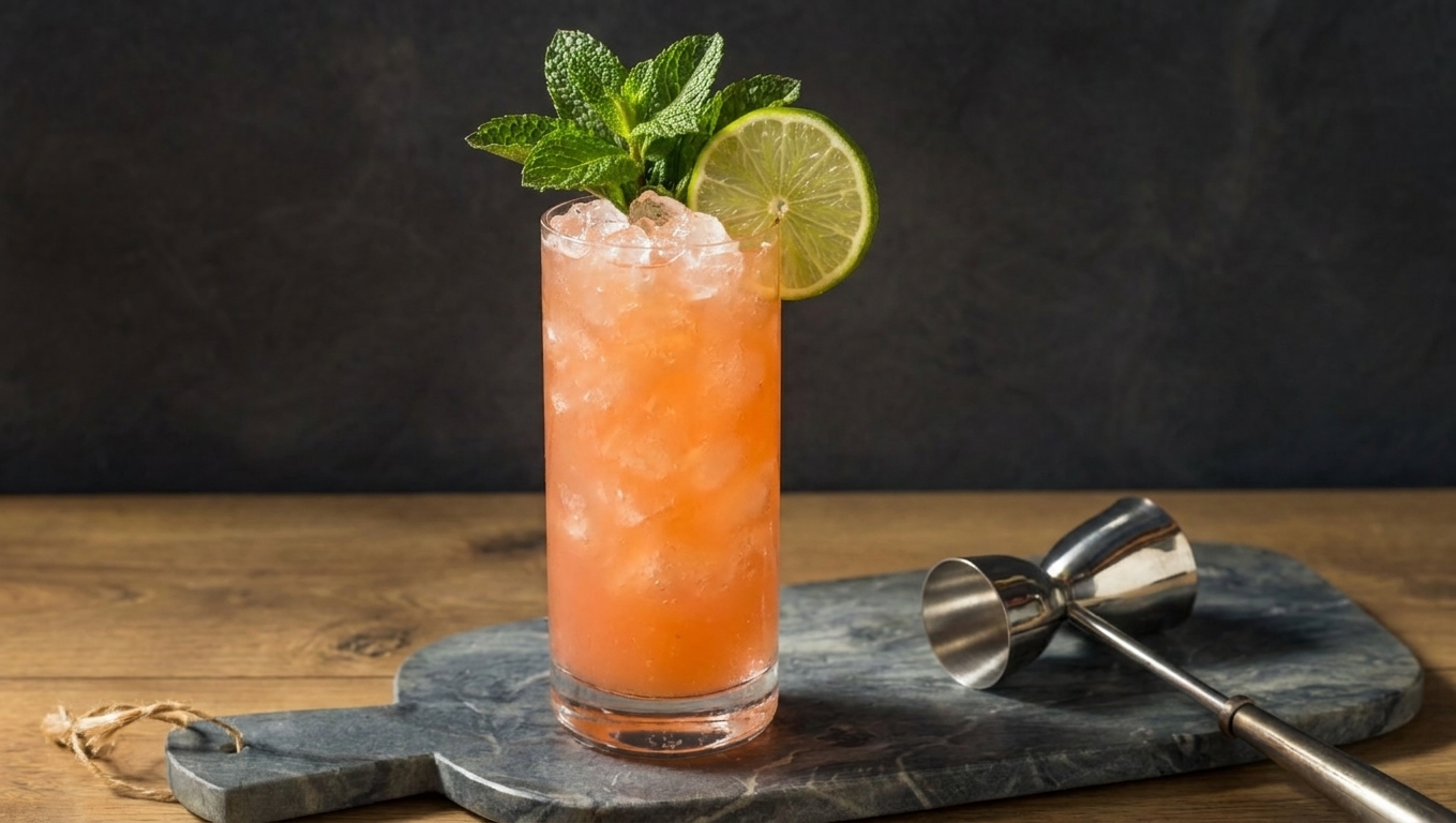 A finished Zombie cocktail in a tall glass topped with crushed ice and garnished with a fresh mint sprig and a lime wheel on a wooden table with warm lighting