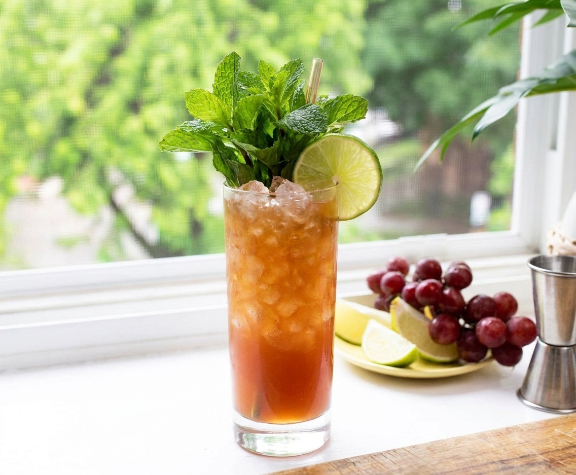 A finished Zombie cocktail topped with a large mint bouquet and a lime wheel in a tall glass on a kitchen counter