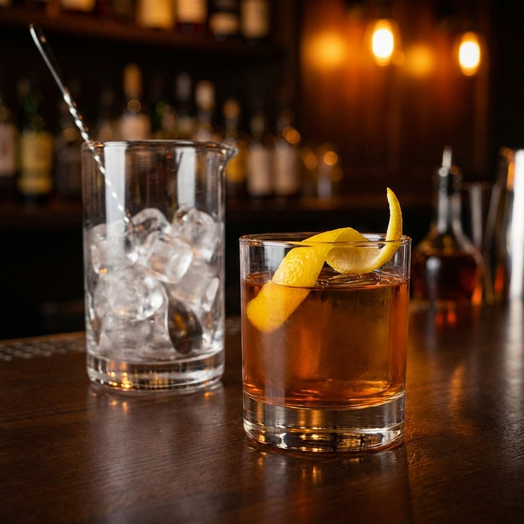 A finished amber Sazerac cocktail in a rocks glass with a lemon twist, sitting next to a mixing glass with ice