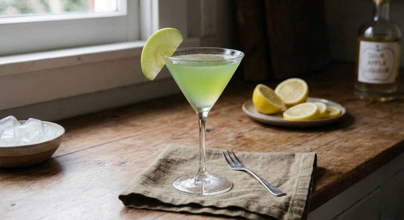 A finished apple martini with a thin green apple slice garnish on the rim, set on a simple table setting