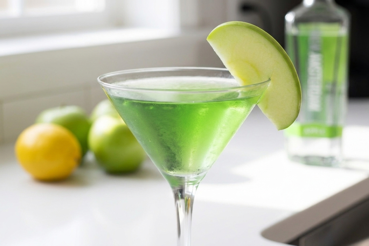 A finished appletini in a martini glass with a thin green apple slice garnish on the rim, set on a simple table setting