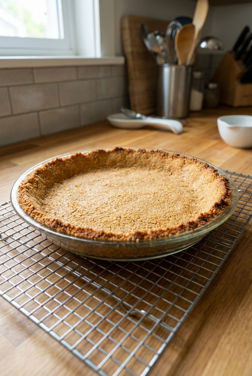 A finished baked graham cracker crust cooling on a wire rack