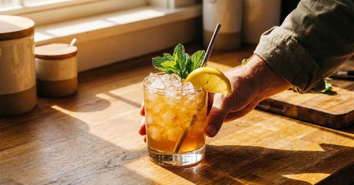 A finished bourbon smash in a rocks glass packed with crushed ice, garnished with a mint sprig and lemon wedge on a simple table setting