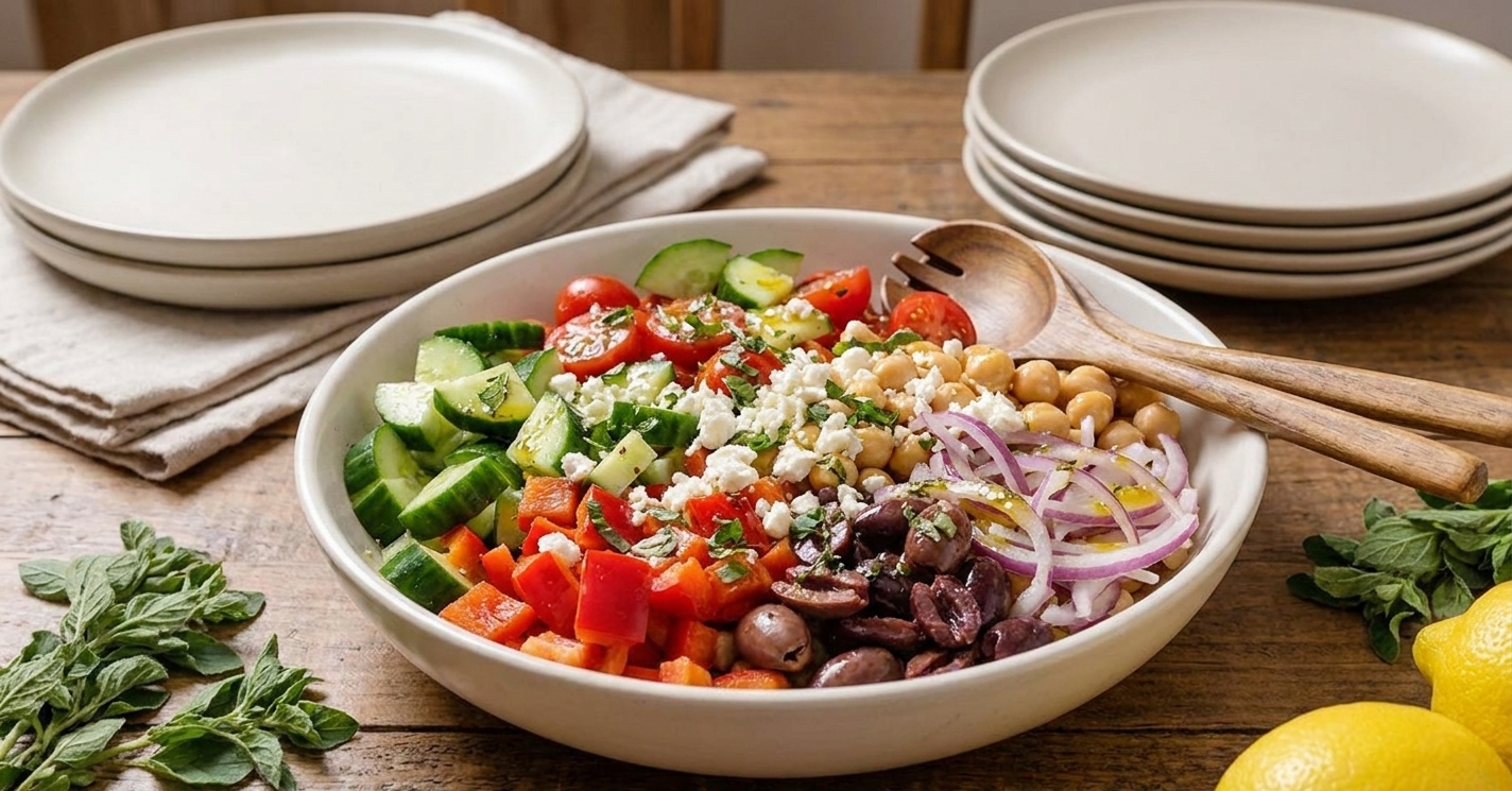 A finished bowl of Mediterranean salad topped with feta and herbs on a dining table with simple plates in the background