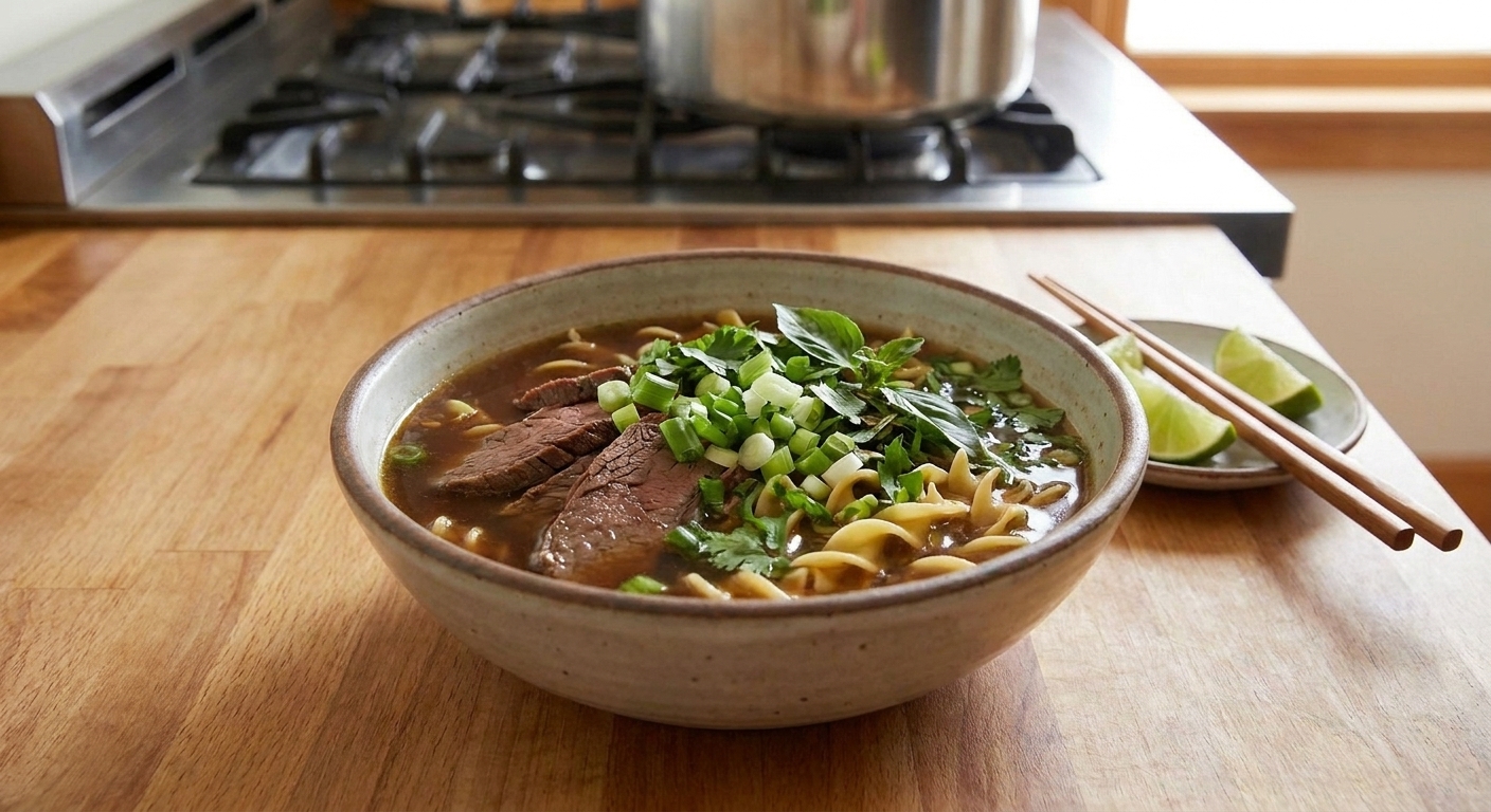 A finished bowl of beef noodle soup topped with scallions and herbs on a dining table with lime wedges and chopsticks
