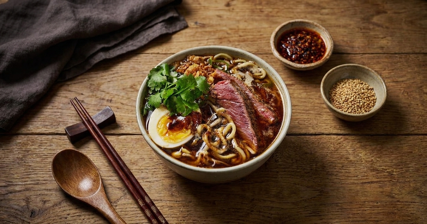 A finished bowl of beef ramen on a simple table setting with chopsticks, a spoon, and small dishes of chili crisp and sesame seeds nearby