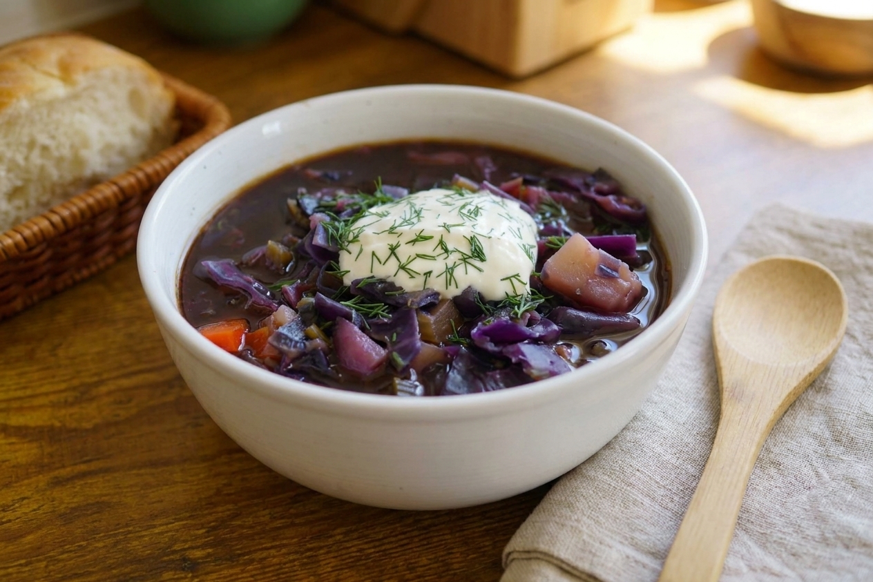 A finished bowl of cabbage soup on a simple table setting with a spoon and folded napkin, cozy home kitchen vibe