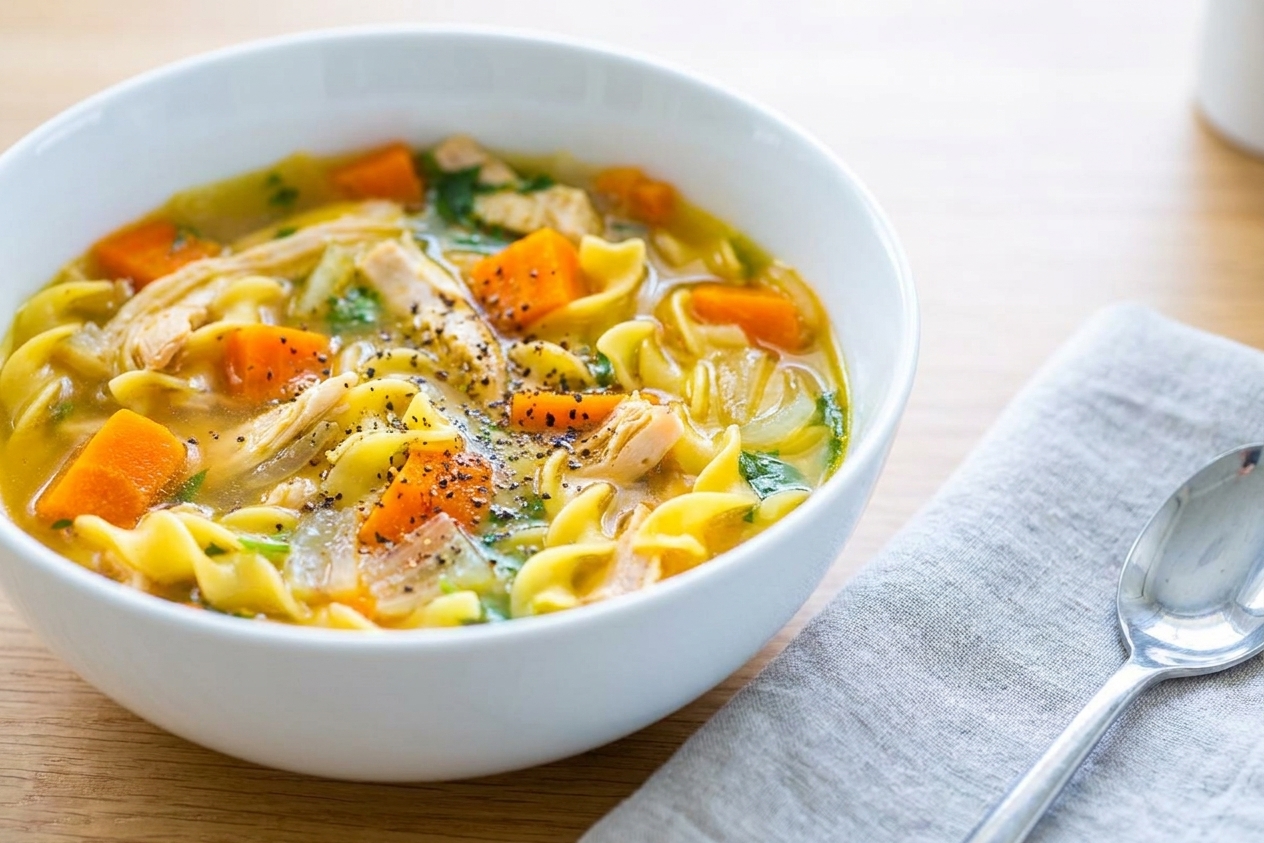 A finished bowl of chicken and egg noodle soup on a simple table setting with a linen napkin, spoon, and cracked black pepper on top