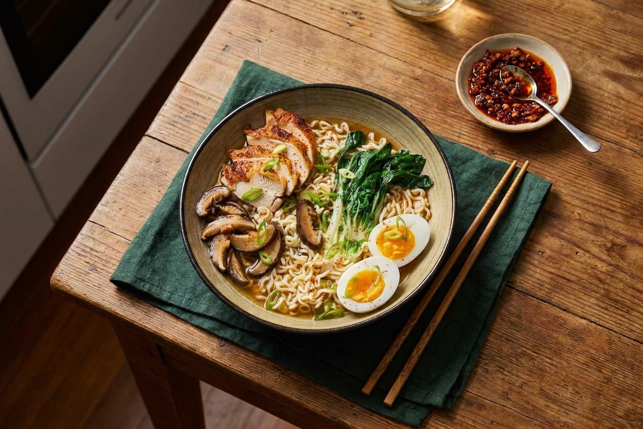 A finished bowl of chicken ramen on a table with chopsticks and a small dish of chili crisp nearby, cozy dinner setting with warm light