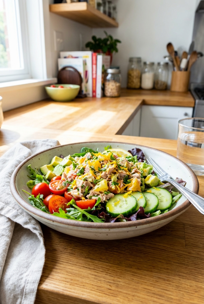 A finished bowl of citrus tuna salad served over mixed greens with tomatoes, cucumber, and avocado in a bright kitchen setting