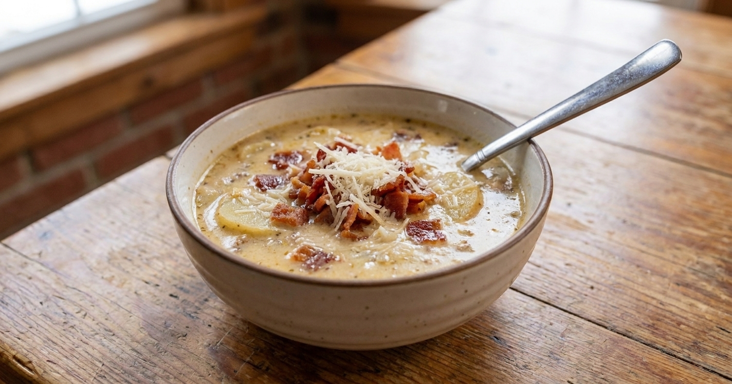 A finished bowl of creamy Zuppa Toscana topped with crisp bacon and grated Parmesan on a wooden table with a spoon