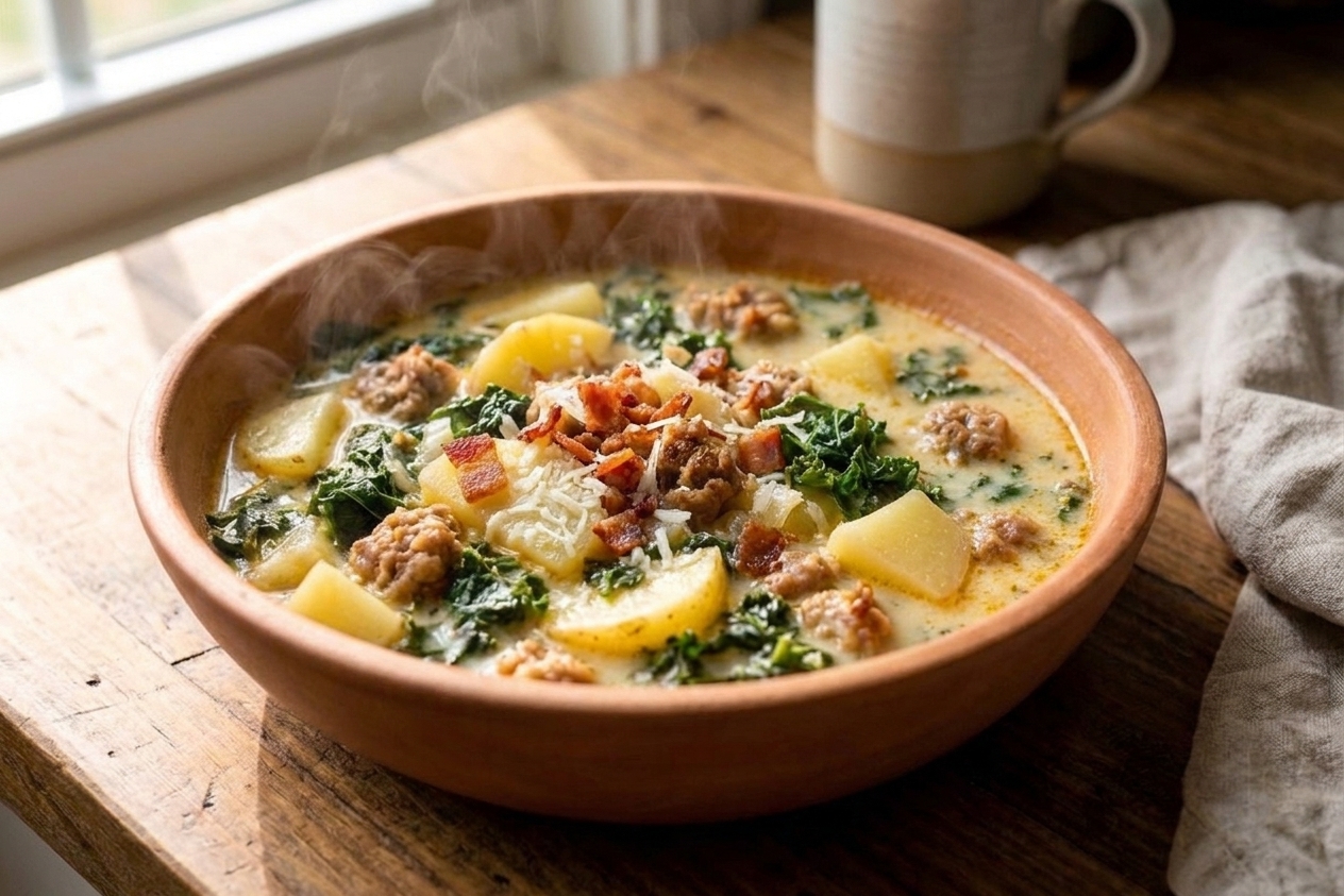 A finished bowl of creamy Zuppa Toscana topped with crispy bacon and grated Parmesan on a kitchen table