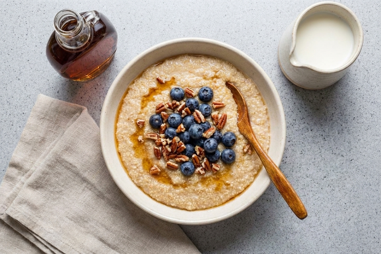 A finished bowl of creamy amaranth porridge topped with blueberries, chopped pecans, and a drizzle of maple syrup on a neutral kitchen table