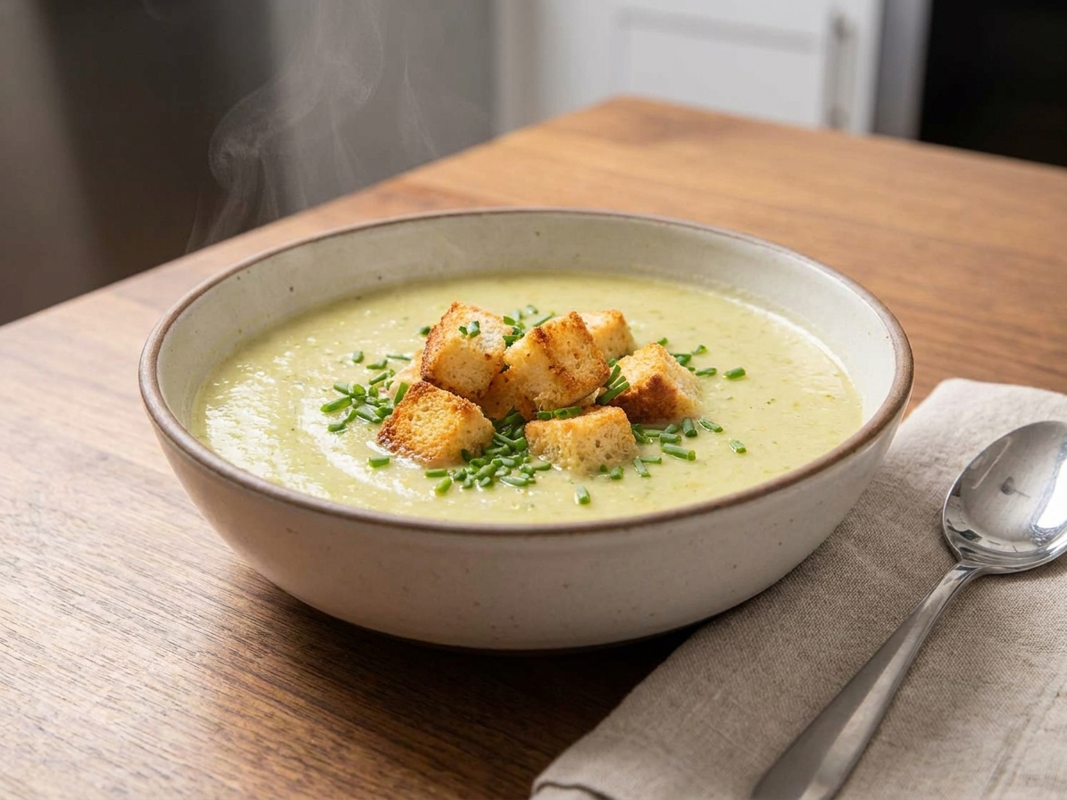 A finished bowl of creamy celery soup garnished with croutons and chopped chives on a simple dinner table with a spoon and napkin