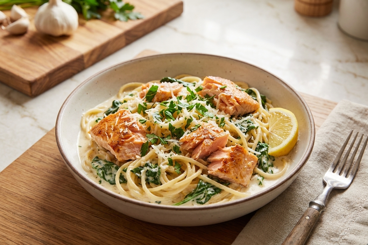 A finished bowl of creamy lemon salmon pasta topped with parsley and extra Parmesan, set on a simple dinner table with a fork and linen napkin