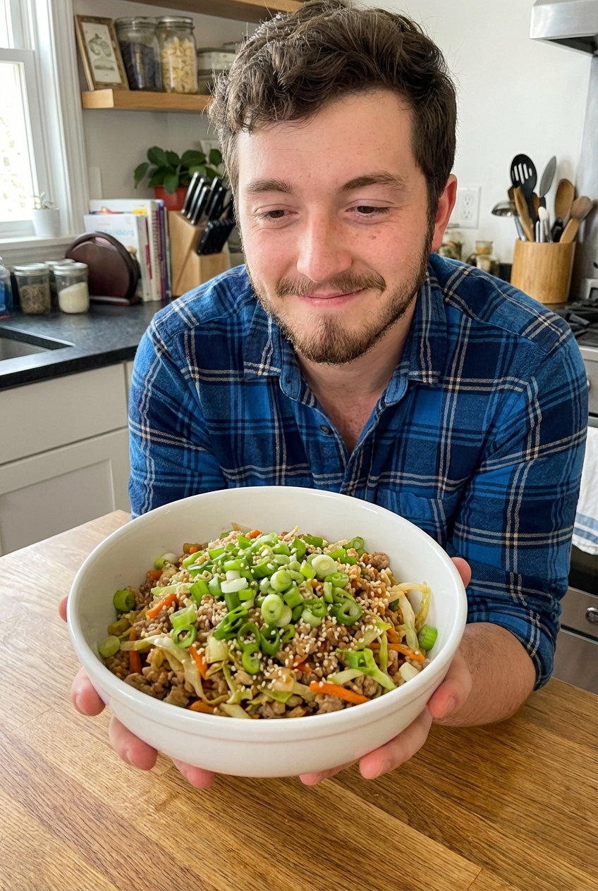 A finished bowl of egg roll in a bowl topped with sliced green onions and sesame seeds on a wooden table