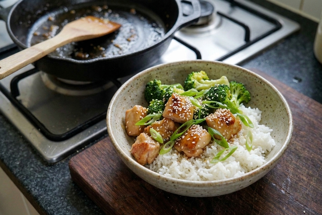 A finished bowl of honey garlic chicken and broccoli served over rice with sesame seeds and sliced scallions on top