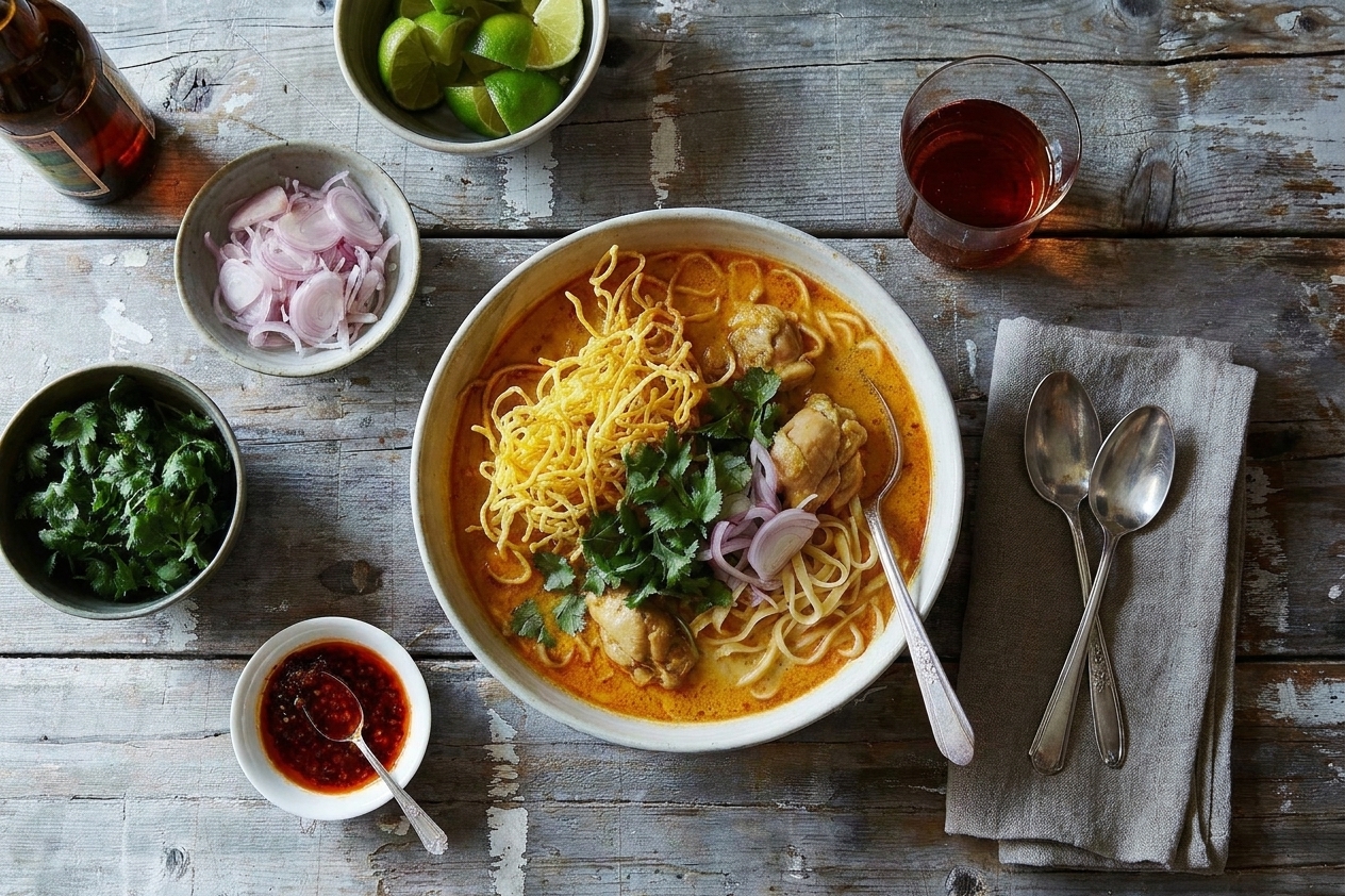 A finished bowl of khao soi on a dinner table with crunchy topping and garnishes arranged on the side