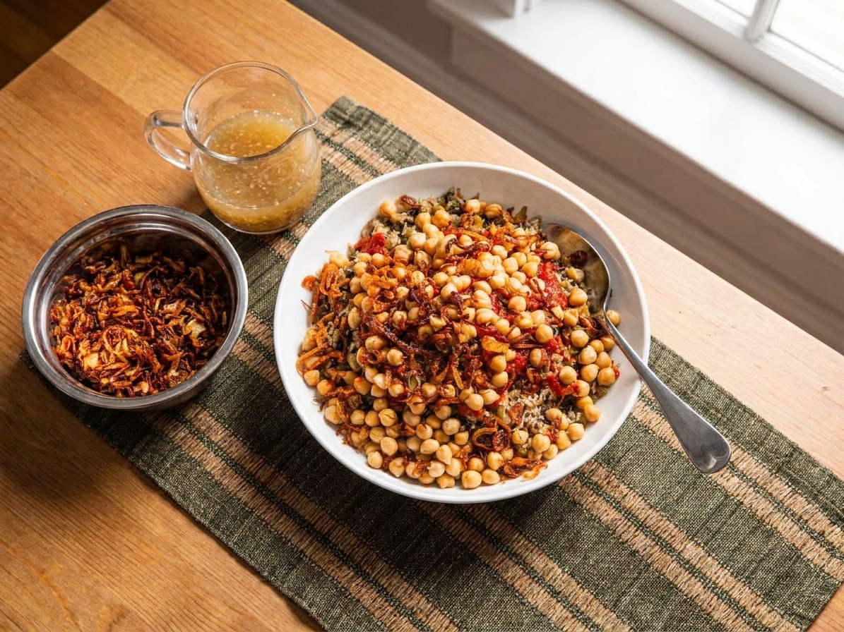 A finished bowl of koshary on a simple dinner table with a spoon, a small bowl of extra crispy onions, and a small pitcher of vinegar sauce