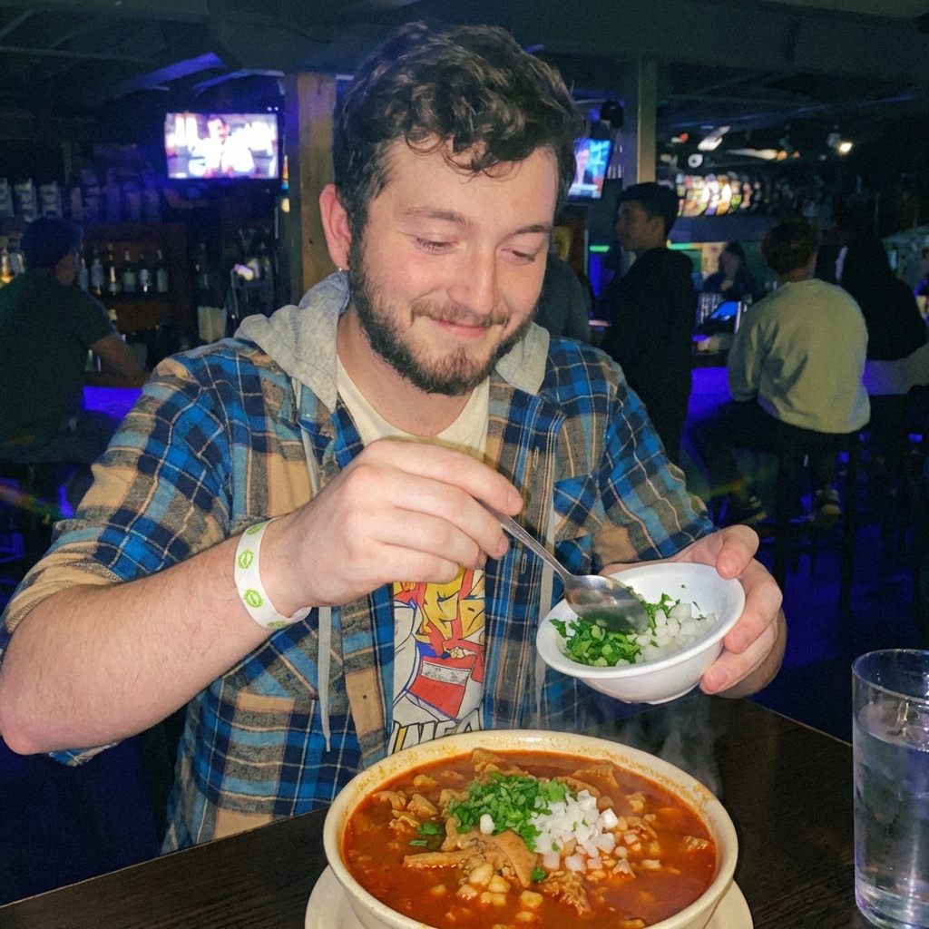A finished bowl of menudo being topped with chopped cilantro and diced onion
