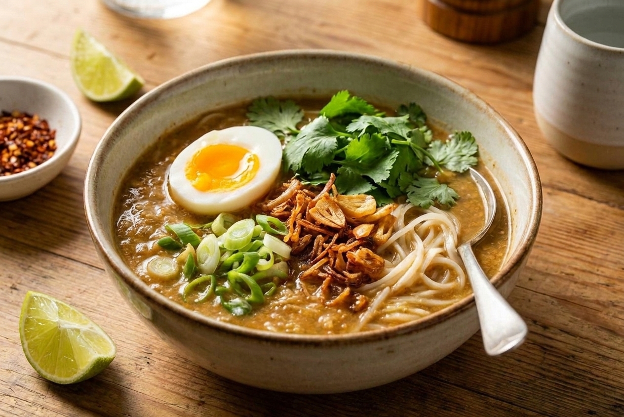A finished bowl of mohinga with rice noodles, rich fish broth, halved egg, cilantro, scallions, and crispy toppings, set on a wooden table with a spoon and lime wedge in warm light