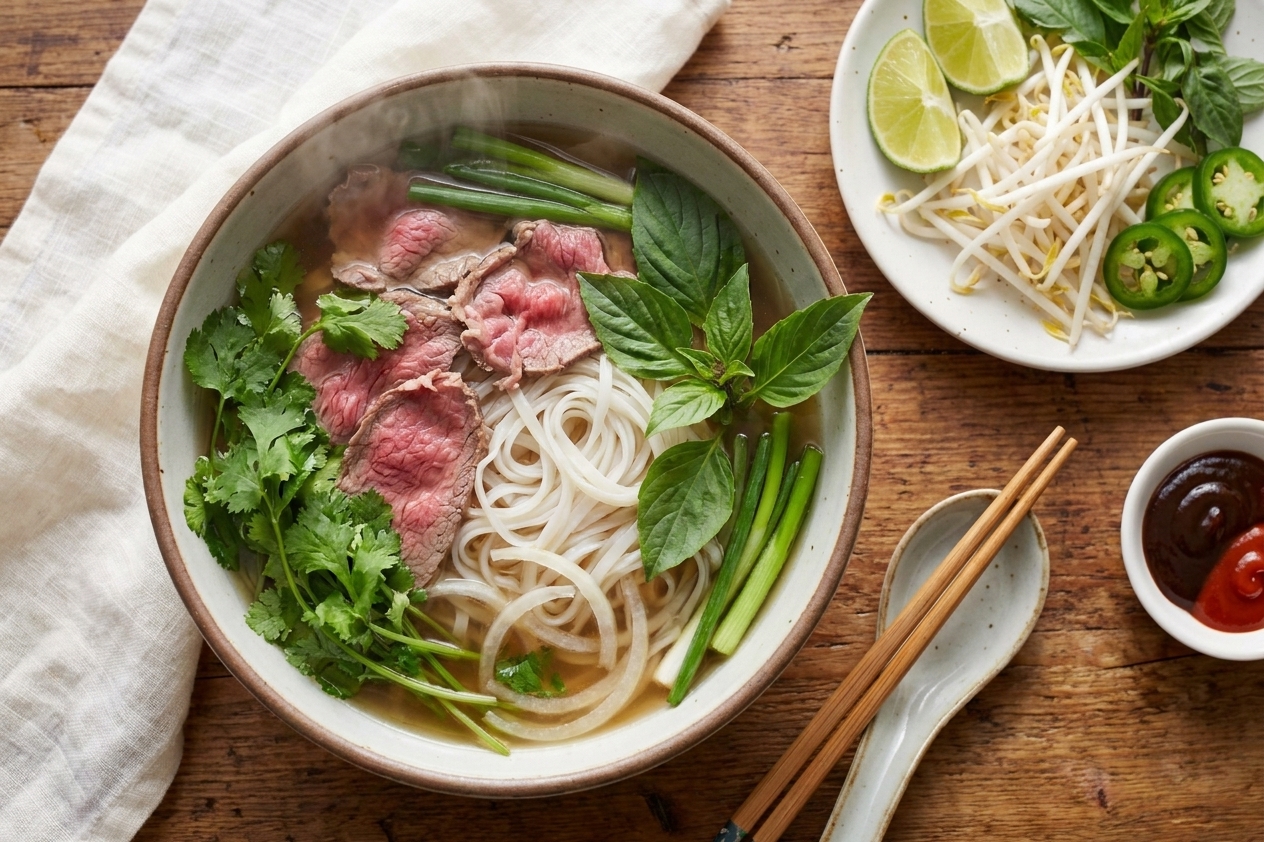 A finished bowl of pho on a dining table with rice noodles, sliced beef, herbs, and a side plate of lime wedges, bean sprouts, and jalapeno