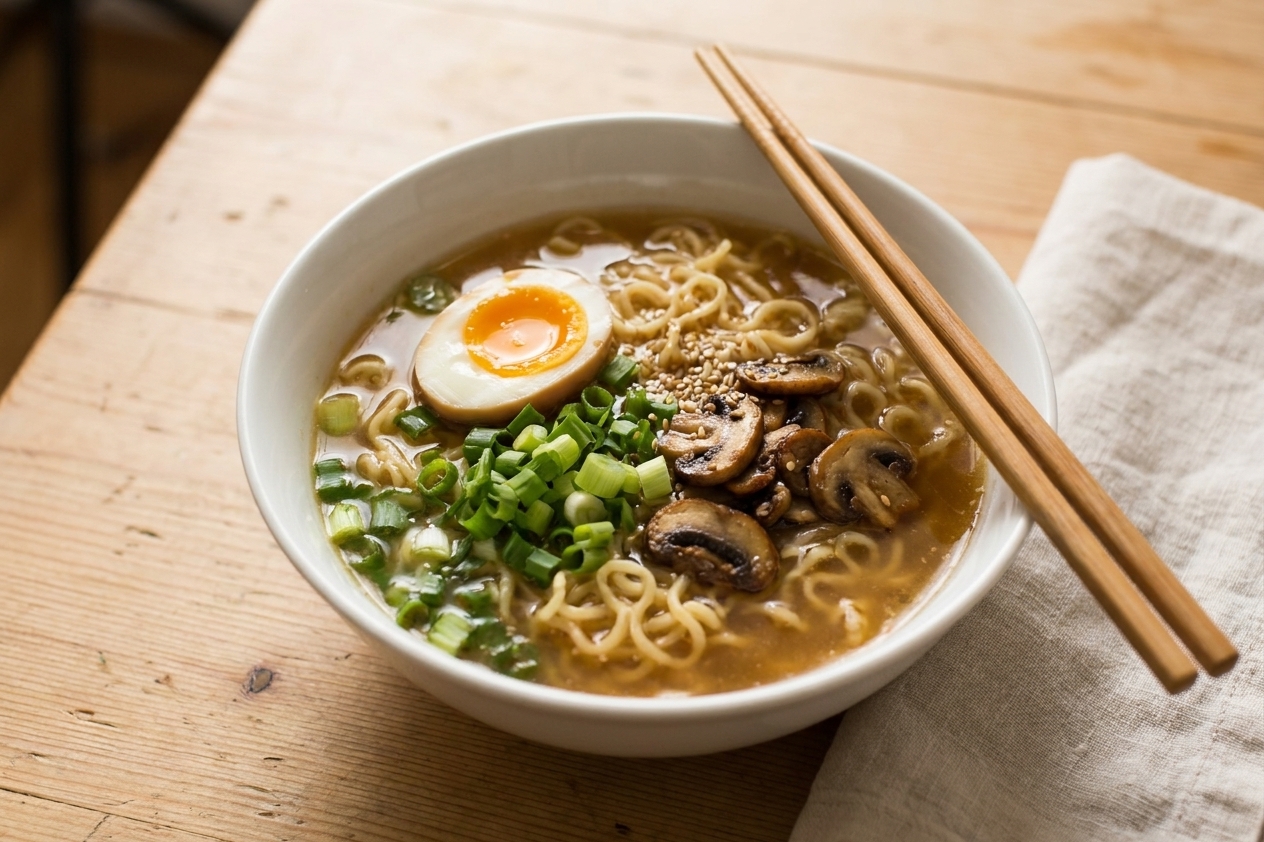 A finished bowl of ramen with noodles, soft-boiled egg, scallions, and mushrooms on a wooden table with chopsticks and a napkin