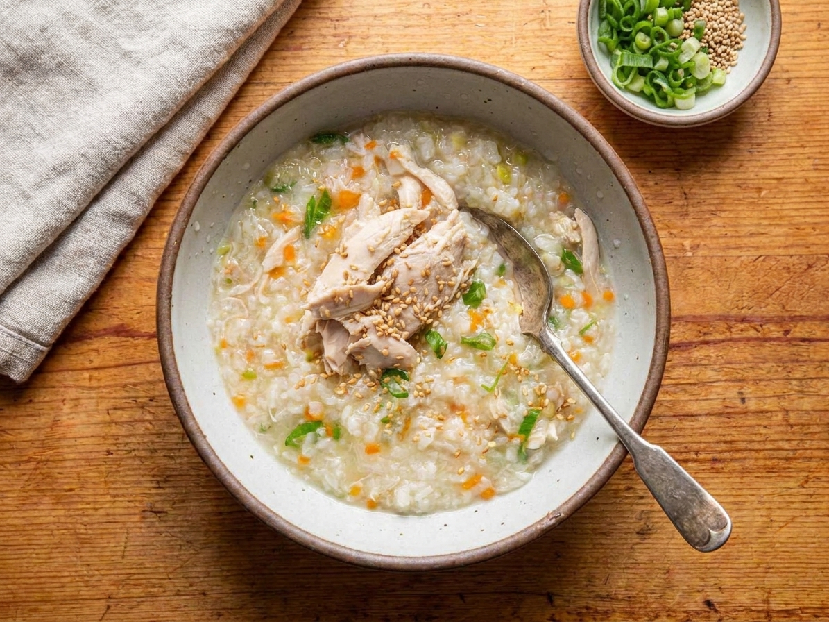 A finished bowl of rice porridge on a simple table setting with a spoon, napkin, and small dish of toppings in soft daylight