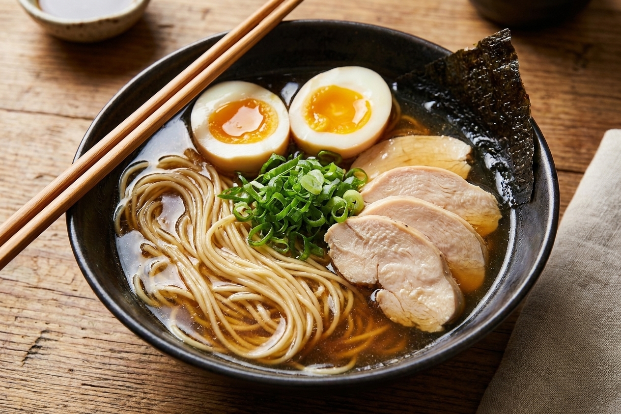 A finished bowl of shoyu ramen with glossy noodles, clear broth, soft-boiled egg halves, sliced chicken, scallions, and nori on a wooden table