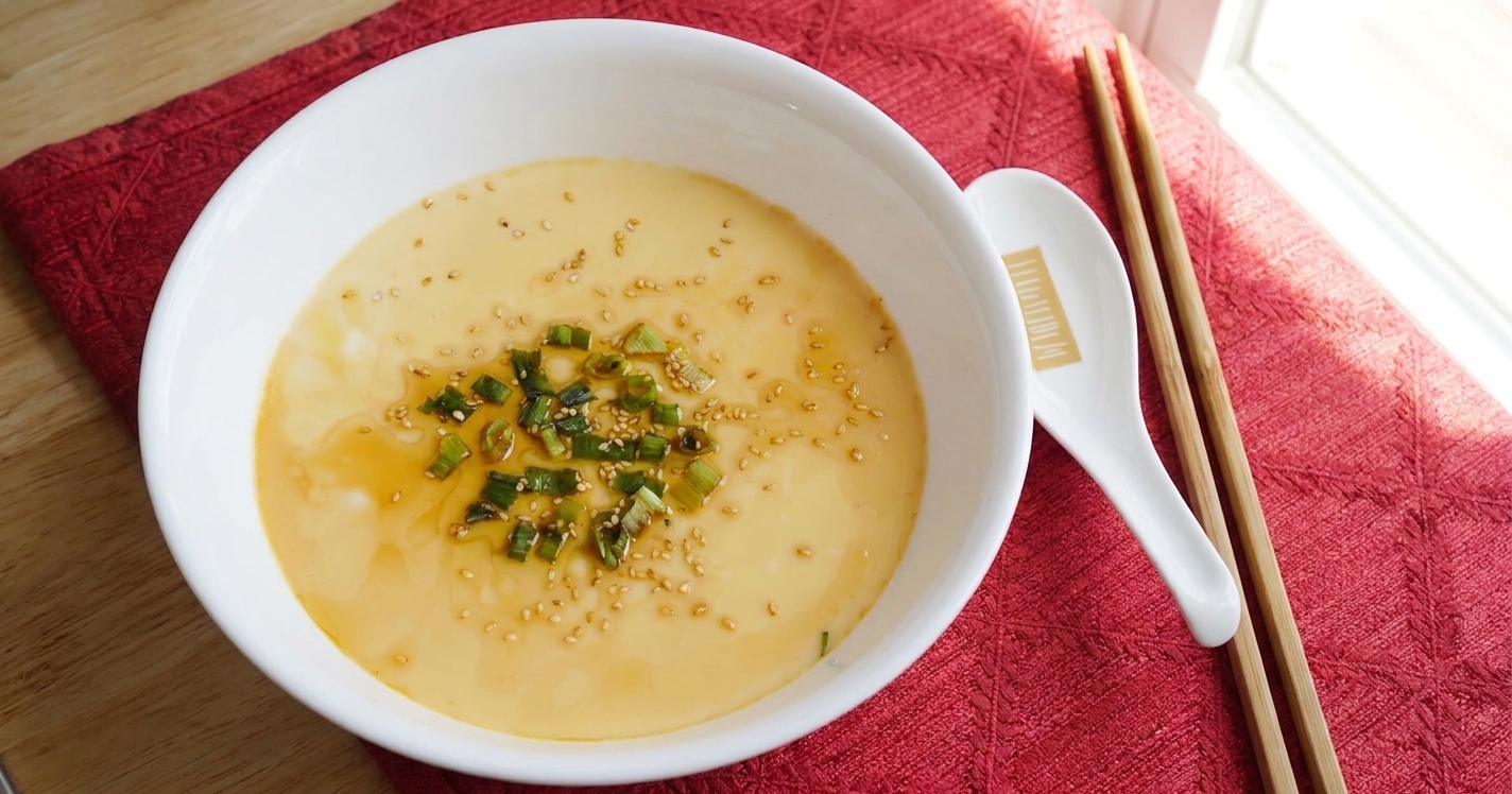 A finished bowl of steamed egg custard topped with soy sauce and sliced scallions on a wooden table setting with a spoon and chopsticks