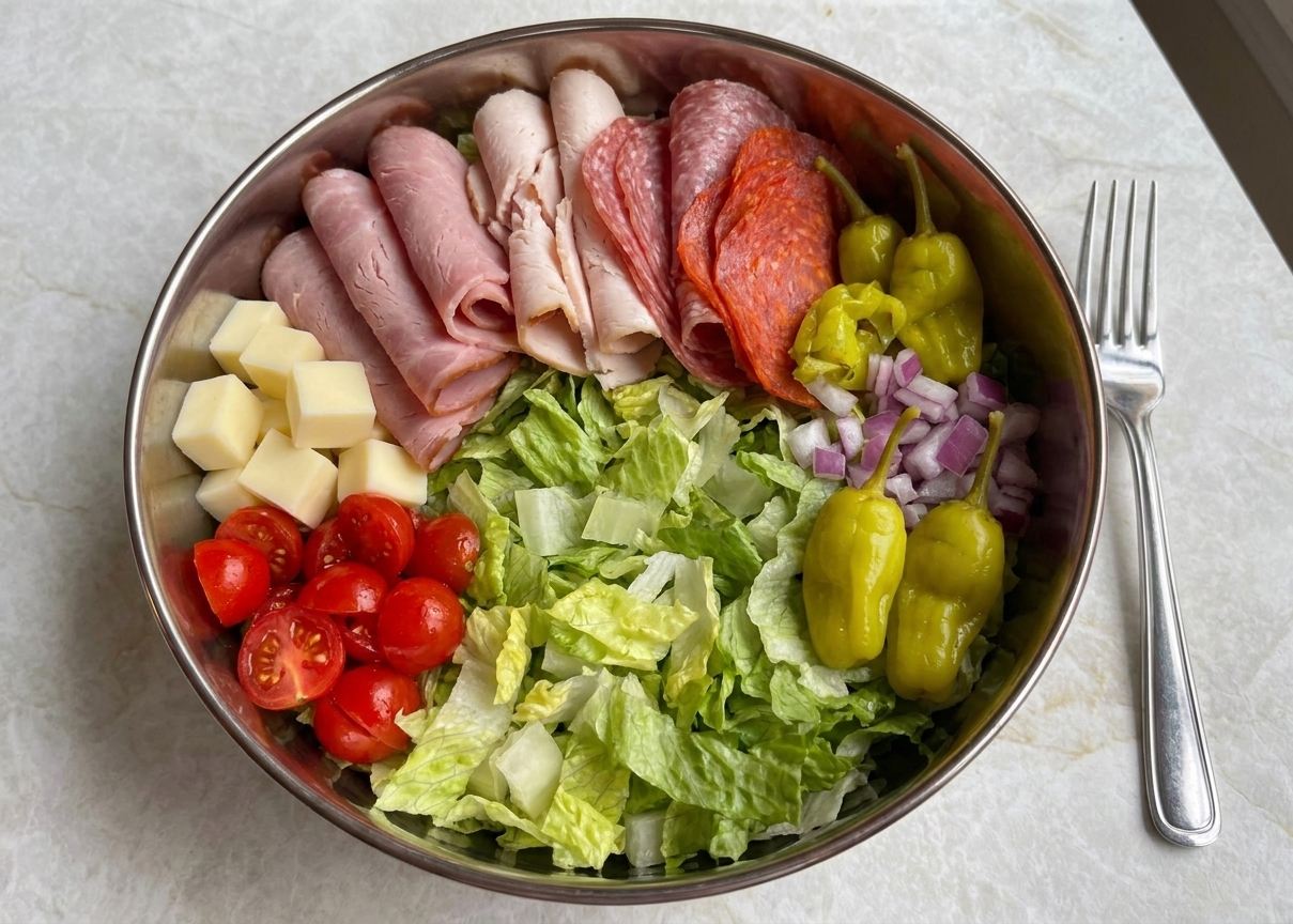 A finished bowl of sub in a tub on a kitchen table with a fork beside it, showing crisp lettuce, folded meats, provolone cubes, tomatoes, and pepperoncini