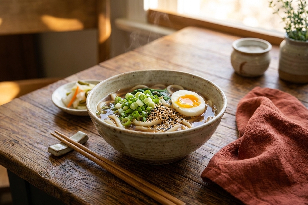 A finished bowl of udon noodle soup with scallions, sesame seeds, and a halved soft-boiled egg on a set dinner table with a simple place setting