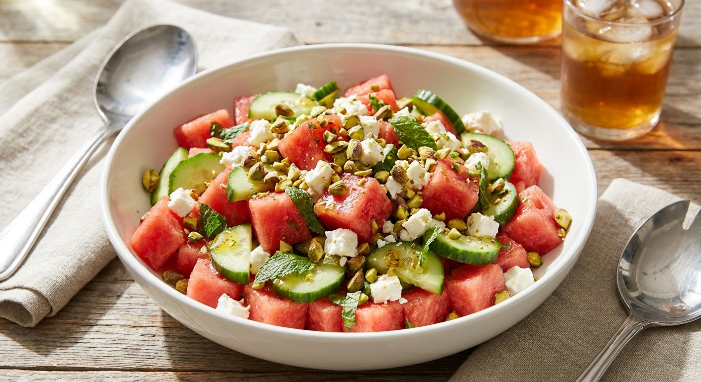 A finished bowl of watermelon feta salad topped with mint and chopped pistachios on a summer table setting with natural light