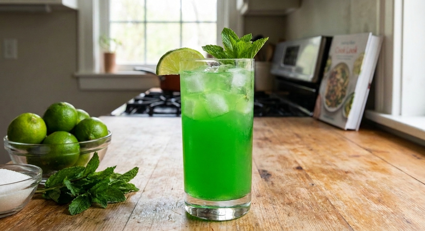 A finished bright green mint-lime soda served in a tall glass with a lime wedge and fresh mint on a simple table setting