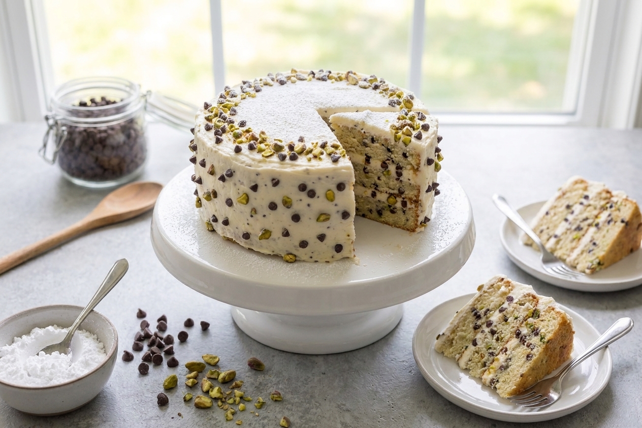 A finished cannoli cake on a cake stand with powdered sugar dusting, sliced and served on dessert plates with forks on a simple table setting