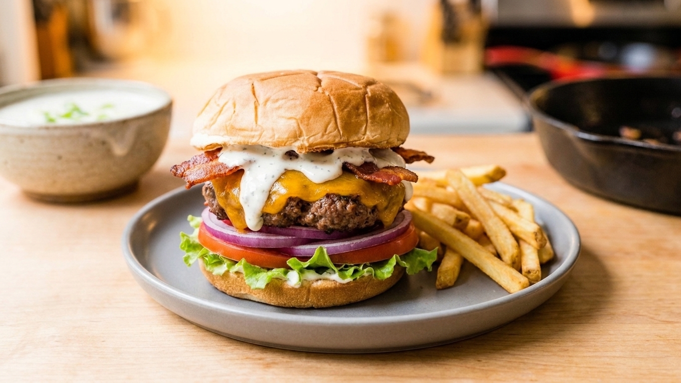A finished cheddar bacon ranch burger on a plate with lettuce and pickles, sauce visible on the toasted bun, with a simple side of fries on a wooden table