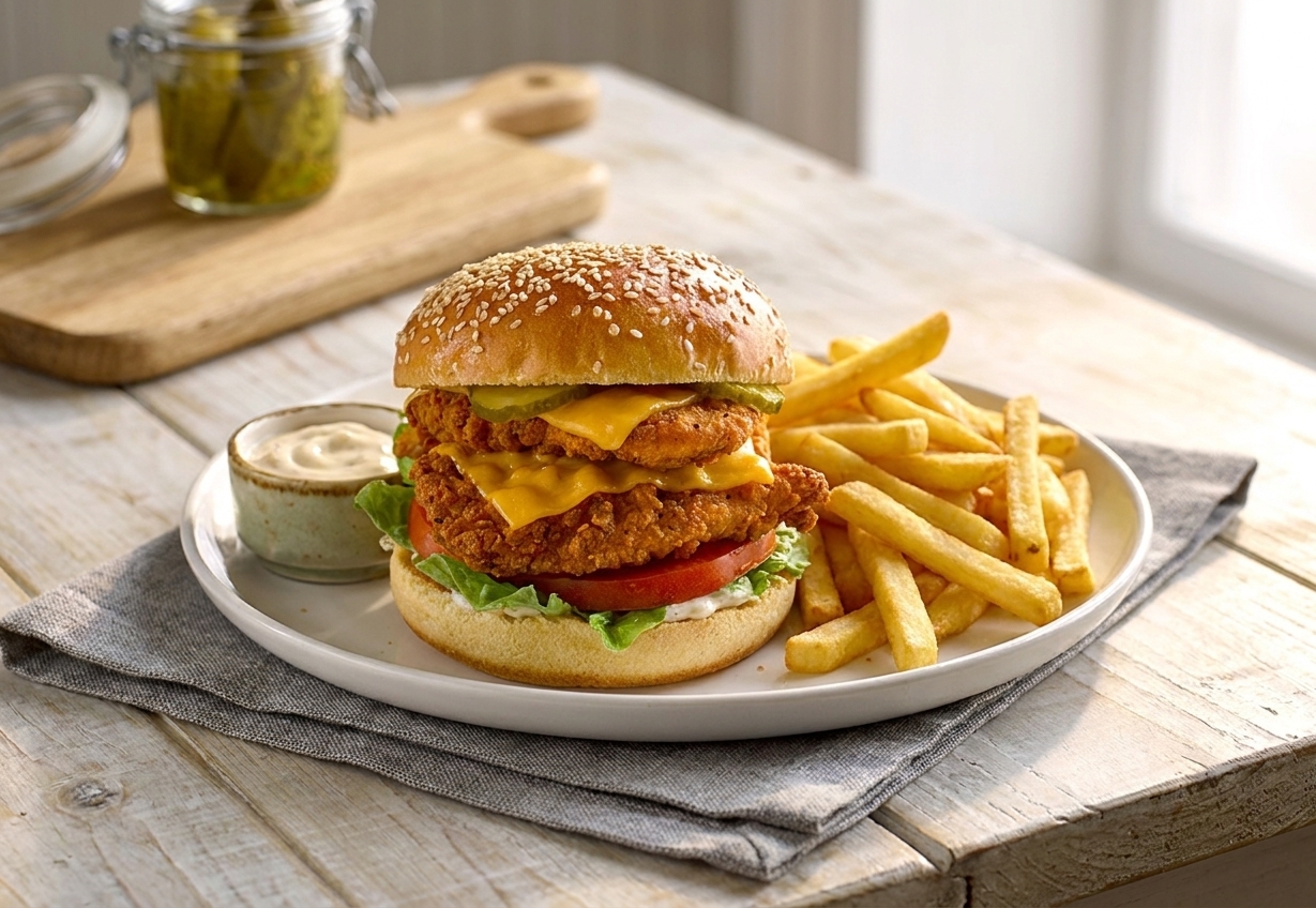 A finished chicken burger with lettuce, tomato, pickles, and melted cheese on a plate beside fries and a small ramekin of sauce on a wooden table with warm natural light